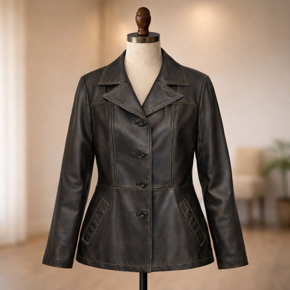 Wilsons Leather Women’s Black Leather Coat Size L Tailored Classic
